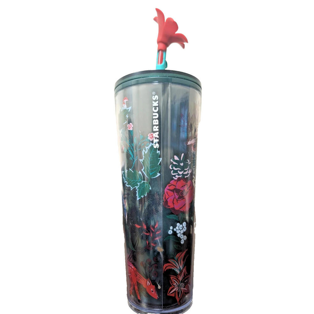 NEW Starbucks Holiday 2022 Poinsettia 24oz Cold Cup Tumbler with Flower Straw - Picture 2 of 7
